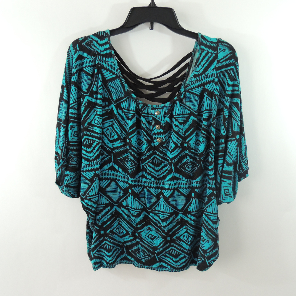 Spin Blouse Teal Black Tribal Print Size 2XL